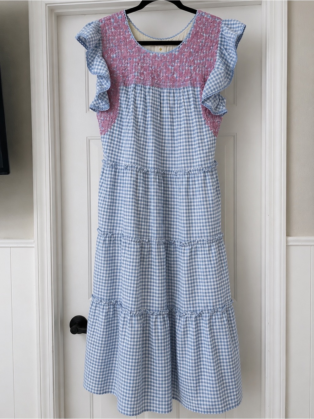 Blue Gingham Maxi Dress with Pink Smocked Yoke
